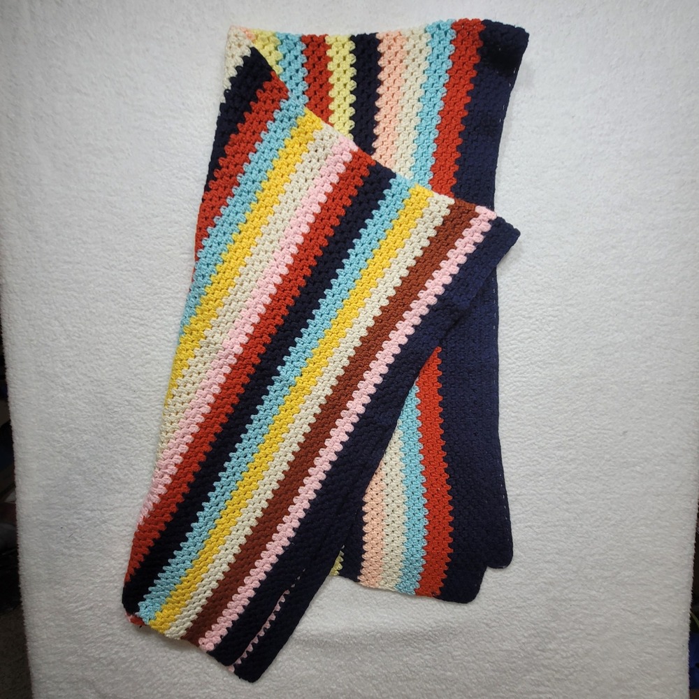Handmade Crochet Striped Afghan Throw  Retro Rainbow Colors Blanket 38"x71"